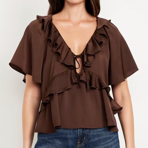 Old Navy ~ Satin Ruffle Tie-Front Top- Brown - Picture 1 of 2